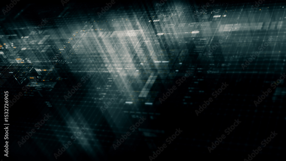 Poster Futuristic network simulation blending AI, quantum physics, and deep learning, with a particle matrix analyzing data in a sleek, background animation display
