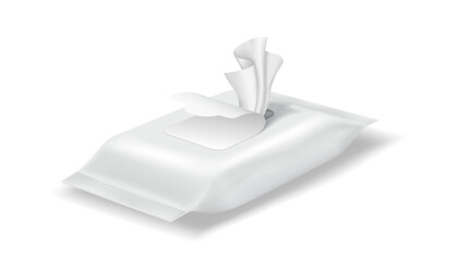 Realistic illustration of a pack of wet wipes. White packaging with a partially open lid. Ideal for hygienerelated designs. Minimalist style.