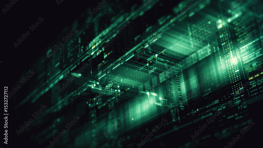 Poster Futuristic network simulation blending AI, quantum physics, and deep learning, with a particle matrix analyzing data in a sleek, background animation display