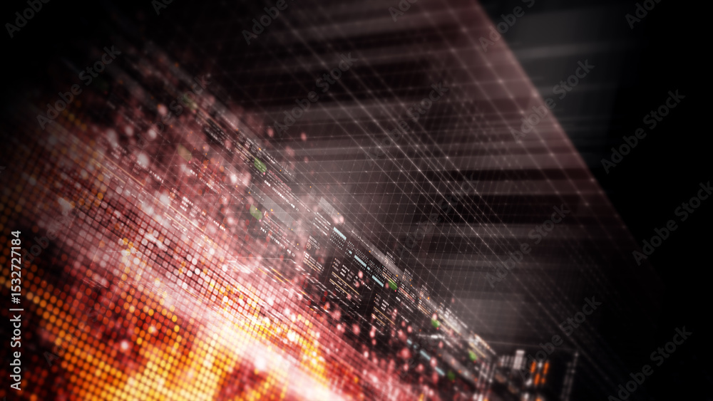 Aufkleber Futuristic network simulation blending AI, quantum physics, and deep learning, with a particle matrix analyzing data in a sleek, background animation display