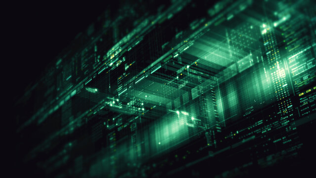 Futuristic network simulation blending AI, quantum physics, and deep learning, with a particle matrix analyzing data in a sleek, background animation display