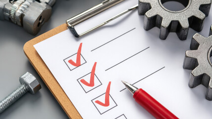 Inspection and checking of industrial parts with a checklist and a pen. The scene is set for a meticulous examination