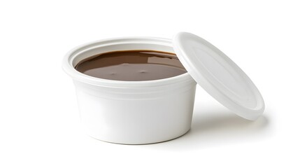 A small white container with brown liquid and a lid on a white surface.