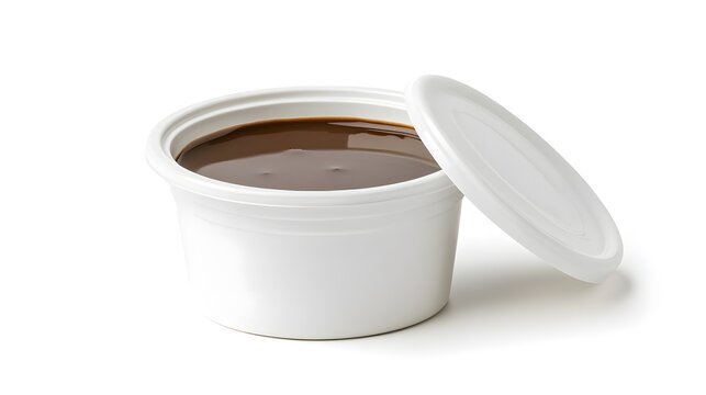 A small white container with brown liquid and a lid on a white surface.