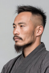 Fototapeta premium focused hapkido practitioner on right side of frame with clean light gray background