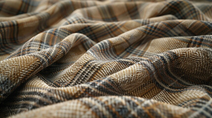 Muted earth-tone plaid fabric with soft diagonal pattern and realistic folds.