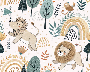 Seamless Scandinavian Lion Vector Illustration – Cute Hand-Drawn Animal Pattern for Nursery and Kids Decor
