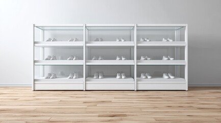 Minimalist white shoe display unit with glass shelves against a white wall and light wood floor, showcasing numerous pairs of white shoes