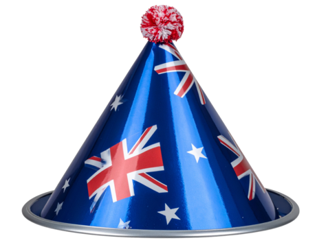 Glossy party hat in blue with a small red-and-white pom-pom on top, decorated