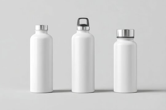 Three sleek, white, stainless steel water bottles with varying cap styles stand in a row against a neutral gray background