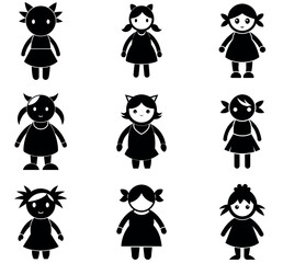 Set of Cute Little Girl Character Icons and Silhouettes
