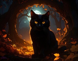Black Cat Friday: Enchanting Nighttime Forest Scene with Golden Eyes
