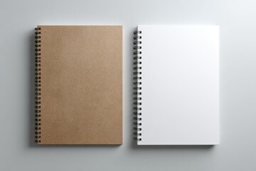 Two spiral-bound notebooks, one kraft brown, one bright white, sit side-by-side on a light gray background