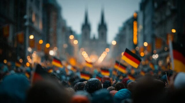 Massive Crowd Waving German Flags in City Square Celebrating National Unity