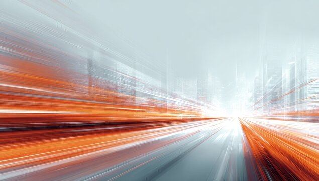 Abstract cityscape at high speed, blurred orange and grey streaks converging towards a bright vanishing point, suggesting movement and dynamism - Powered by Adobe
