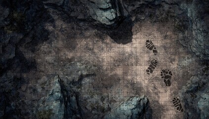 A high-angle shot of a dark, rocky terrain with a faint, gridded path showing a set of footprints leading towards a shadowed area between jagged rocks