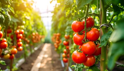 Ripe tomatoes hanging in a greenhouse