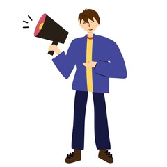 Cheerful cartoon character with megaphone in colorful streetwear