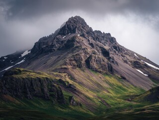 A dramatic, dark-toned mountain peak, partially snow-capped, with variegated slopes of green and grey rock under a brooding sky