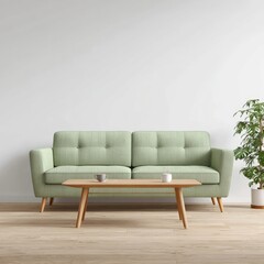 Pale green sofa with wooden legs, light wood coffee table, and potted plant against a white wall in a minimalist living room setting