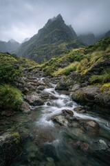 A misty mountain stream flows through a rocky valley, its waters smoothed by a long exposure, showcasing lush green vegetation and a dramatic peak in the background under a clouded sky