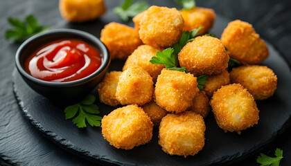 Close-up photo of fried chicken nuggets on black plate with red dipping sauce. Crispy golden brown nuggets with ketchup. Tasty fast food snack dinner