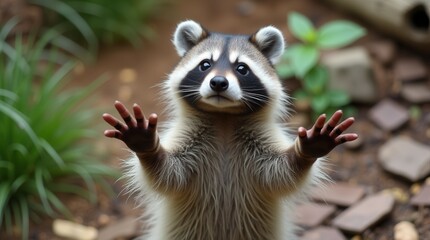 A raccoon is on its hind legs with its paws up in the air