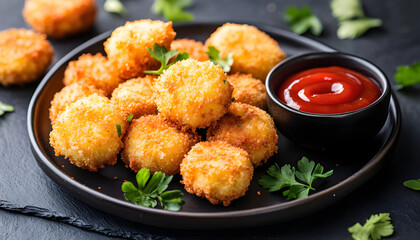Close-up photo of fried chicken nuggets on black plate with red dipping sauce. Crispy golden brown nuggets with ketchup. Tasty fast food snack dinner
