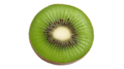 Isolated kiwi fruit slice on transparent background showing fresh green texture and seeds
