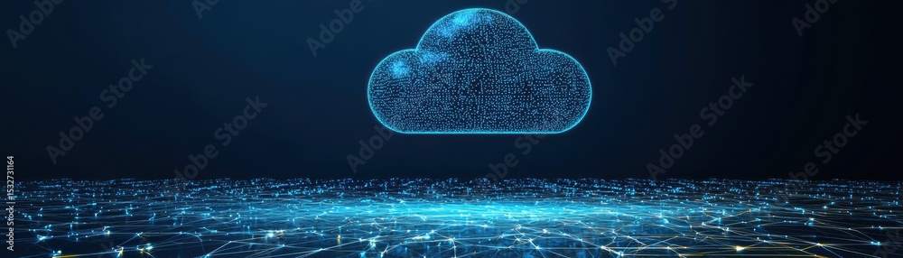 Poster digital cloud icon composed of glowing blue network nodes and lines hovers above a connected grid, s