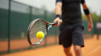 Tennis player on court: Capturing the energy and dynamism of a tennis player during a match, the shot freezes the moment as the racket connects with the ball, ready to serve.