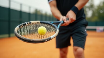 Tennis ball on racket ready to play: A close-up shot captures a tennis player in the moment, racket raised with the vibrant yellow ball poised in anticipation.