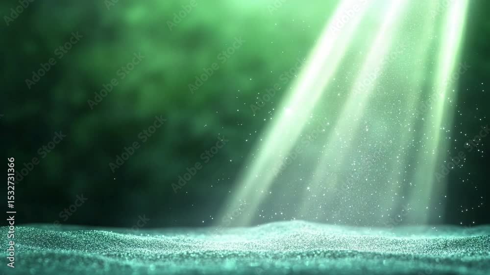 Poster emerald light beam: a mystical green light beam pierces the darkness, illuminating a tranquil, sandy