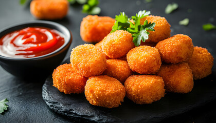 Close-up photo of fried chicken nuggets on black plate with red dipping sauce. Crispy golden brown nuggets with ketchup. Tasty fast food snack dinner