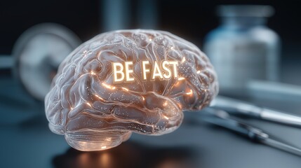 Glowing brain with BE FAST acronym, soft medical tools in background, illustrating stroke recognition and awareness.