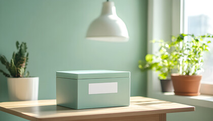 Box with blank label on table in home office. Concept of financial planning tax deductions. Clean, modern style, neutral colours. Taxation,