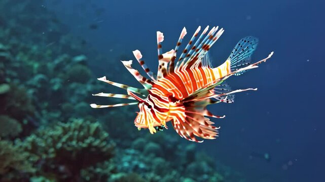 Close up of predatory Pterois volitans fish swimming underwater, inhabitants of the sea world