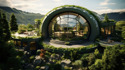 Abstract biomimetic architecture design influenced by nature and curved forms. Sustainable building, healthy home in the forest.