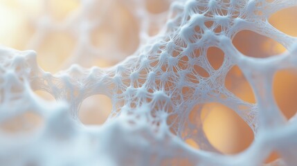 Close-up 3D abstraction of a porous organic structure with intricate, lace-like networks, resembling the spongy interior of a bone