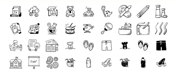 Black and White Doodle Icons Set Education Toys Summer