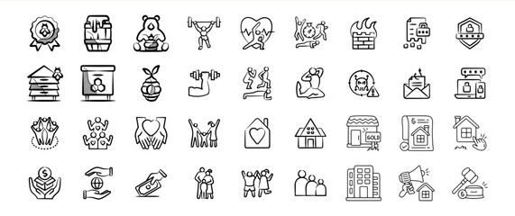 Black and White Hand Drawn Icons Bundle 79 Family Home Security Fitness
