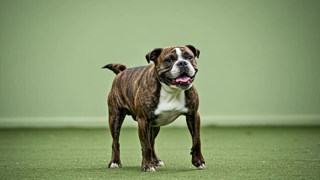 Brindle Bulldog on Green Grass - A brindle Olde English Bulldogge stands alertly on a putting green, tongue slightly out. The dog is in sharp focus against a muted green background.