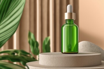 Green glass dropper bottle with blank label on a beige podium in minimal natural light setting