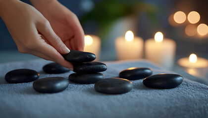 Hands prepare hot stones for relaxing massage in spa setting. Lit candles create ambient background for therapy, treatment. Calming ritual for health,