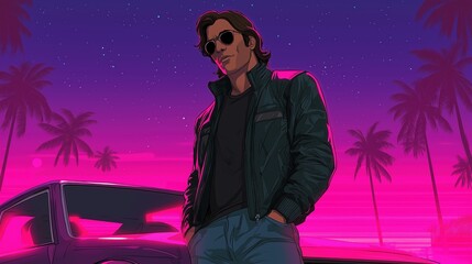 Cool guy in leather jacket with sunset and palm trees in 80s synthwave style