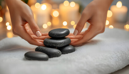 Hands prepare hot stones for relaxing massage in spa setting. Lit candles create ambient background for therapy, treatment. Calming ritual for health,