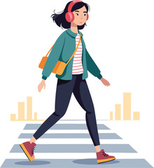 Young woman Crossing Street with Headphones Urban Lifestyle Concept, young woman with headphone