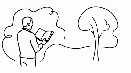 Illustration of man reading book in park outdoor scenery sketch line art for relaxation and education 100