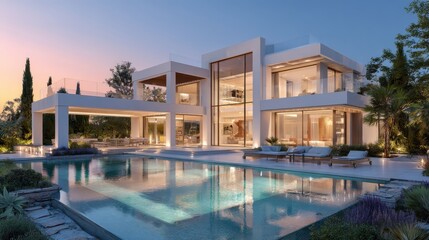 Fototapeta premium Stunning modern luxury villa is illuminated at sunset, boasting an infinity pool, sleek architecture, and lush landscaping, creating an idyllic retreat