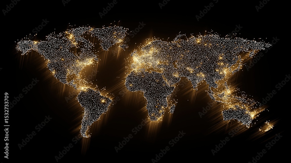 Poster glowing world map showing global digital network connections